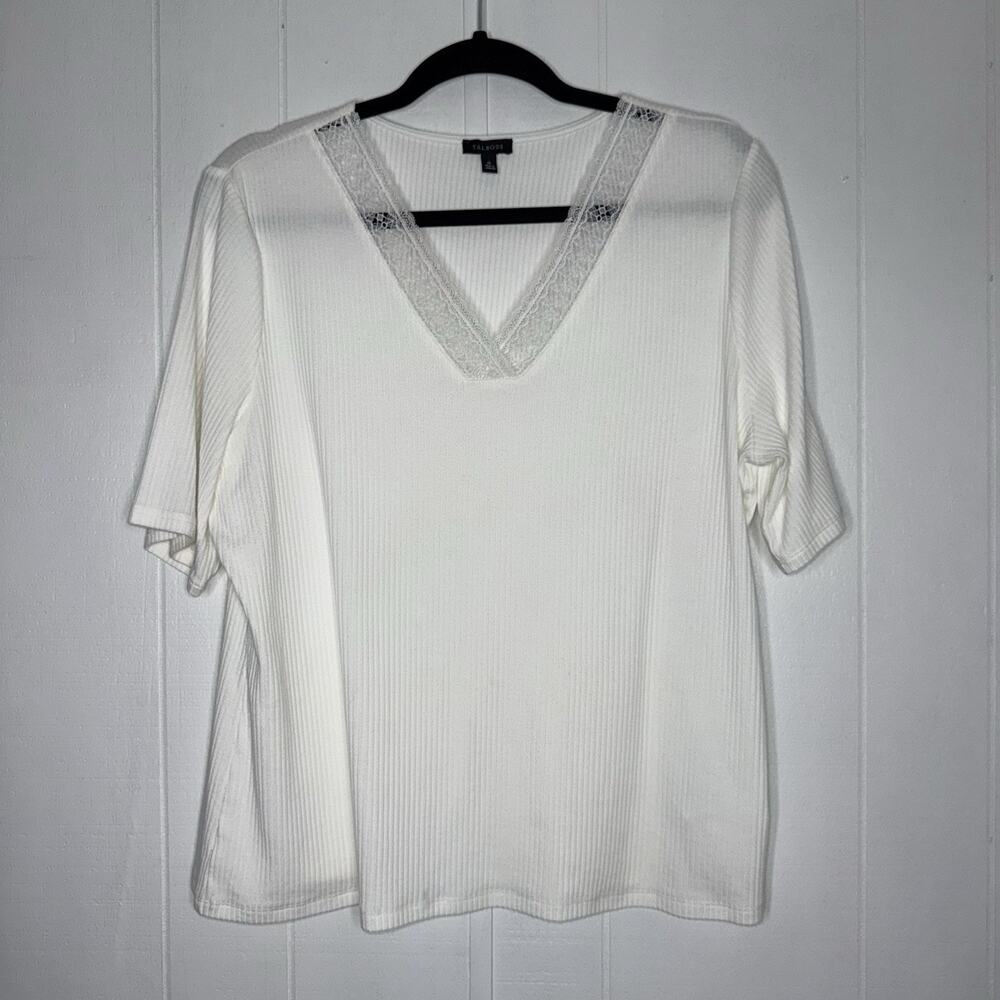 Talbots Women’s White V Neck Top Ribbed Lace Neckline Size XL